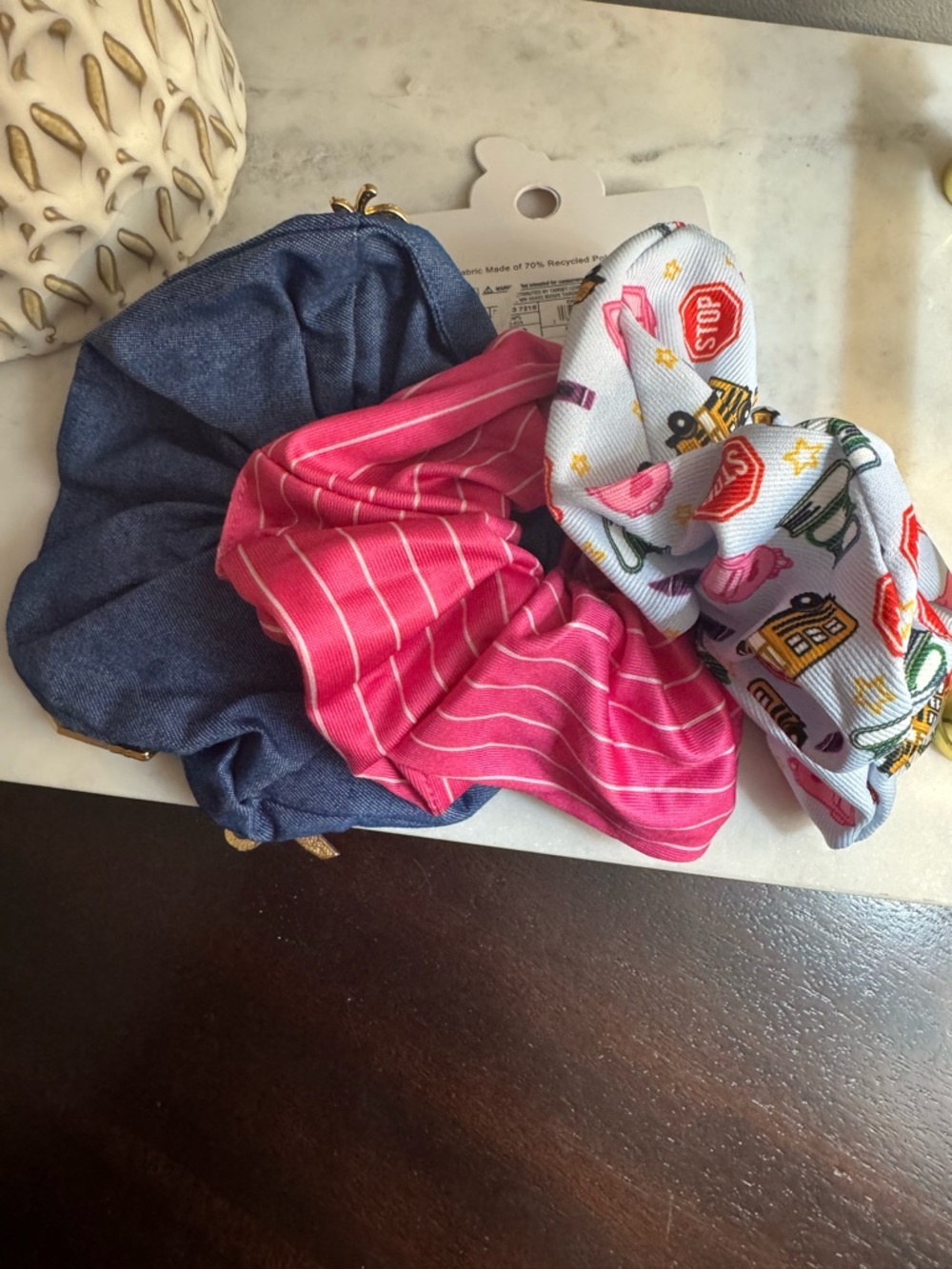 Kids 3-Pack Mixed Color Hair Scrunchies - Pink, Blue, Printed